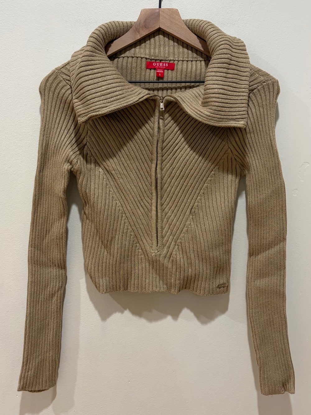 NWT Guess Allanis Tan Ribbed 7/8 Zip Cropped Sweater Jacket - Women’s Size Small